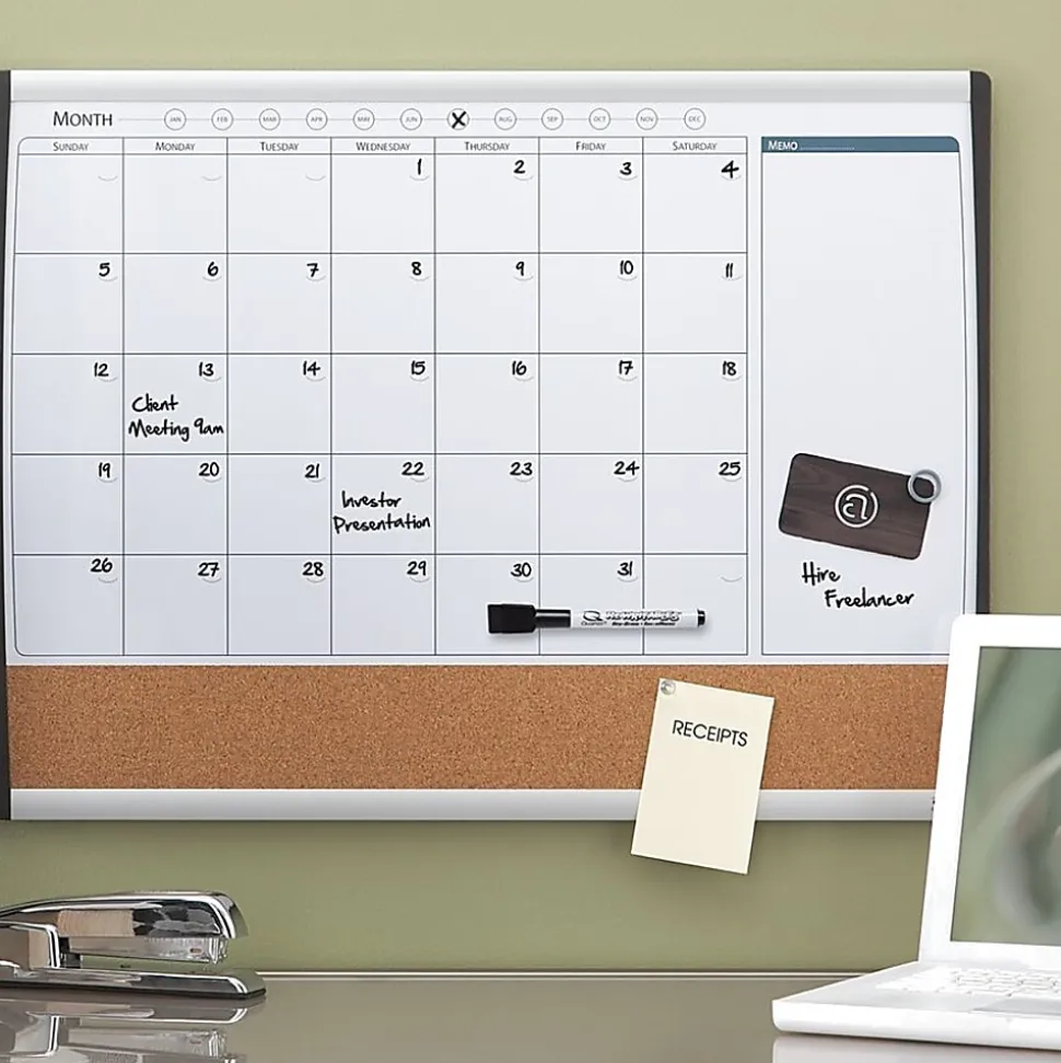 Quartet® Calendar Magnetic Dry-Erase Whiteboard, 17" x 23", Black/Silver Plastic Frame