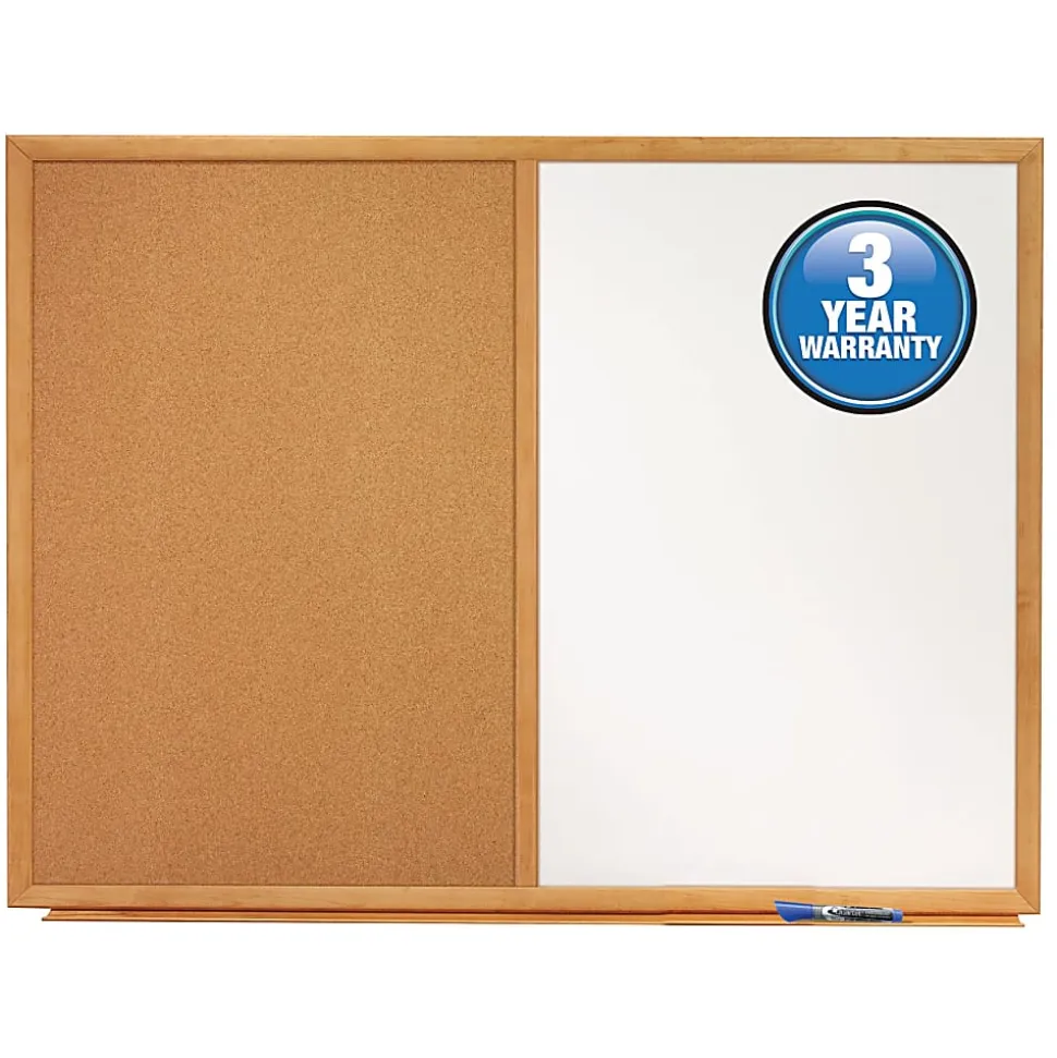 Quartet® Combination Non-Magnetic Melamine Dry-Erase/Cork Bulletin Board, 24" x 36", Oak Wood Frame