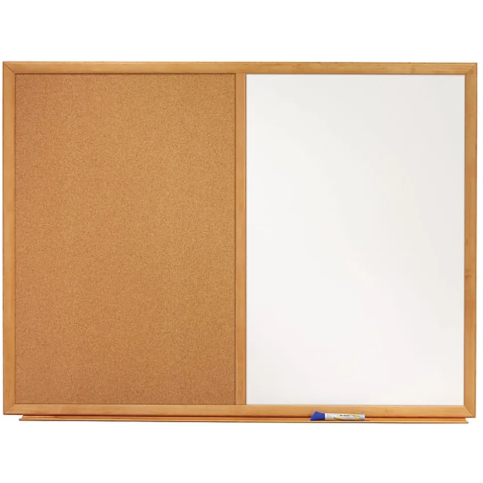 Quartet® Combination Non-Magnetic Melamine Dry-Erase/Cork Bulletin Board, 24" x 36", Oak Wood Frame