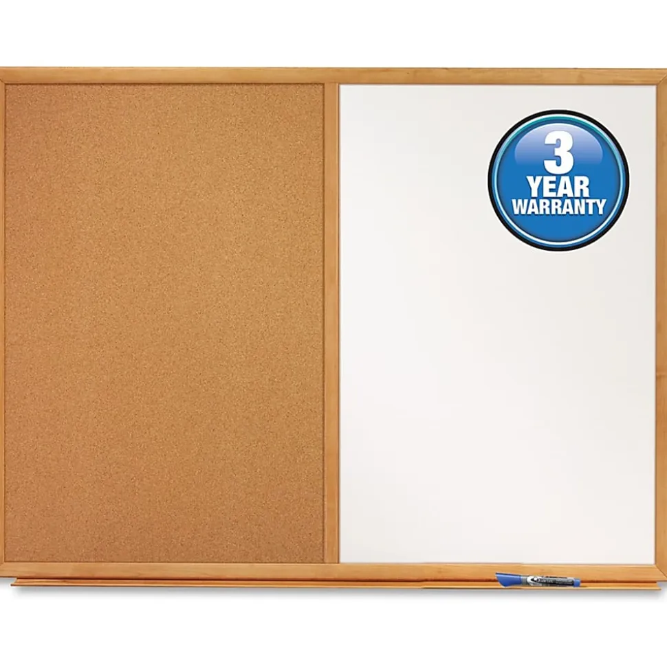 Quartet® Combination Non-Magnetic Melamine Dry-Erase/Cork Bulletin Board, 24" x 36", Oak Wood Frame
