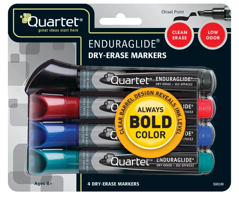 Quartet® EnduraGlide® Dry-Erase Markers, Chisel, Assorted Colors, Pack Of 4