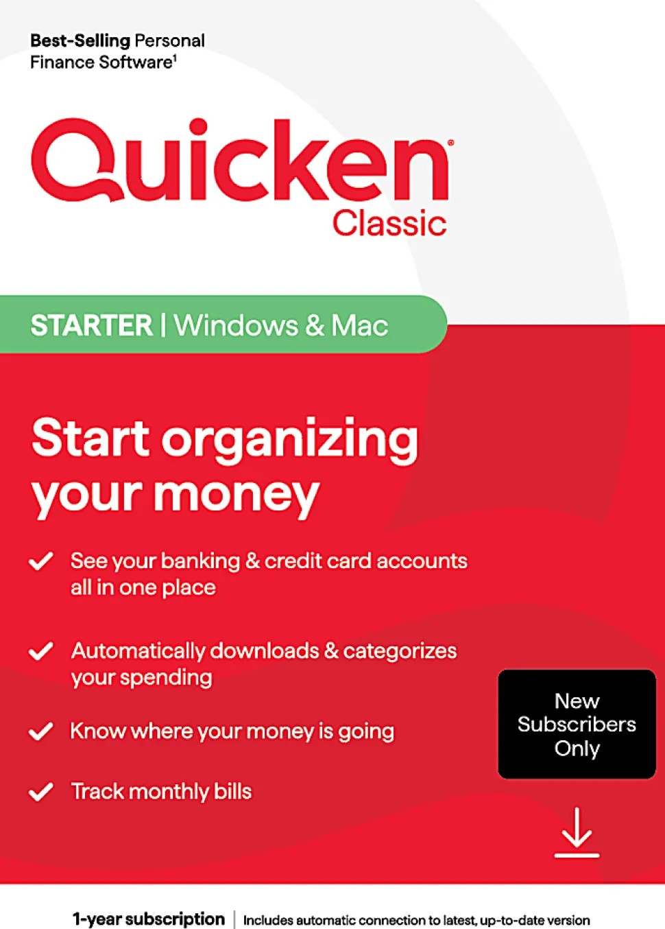 Quicken Classic Starter, New User, 1-Year Subscription, Windows®/Mac/iOS/Android Compatible, ESD