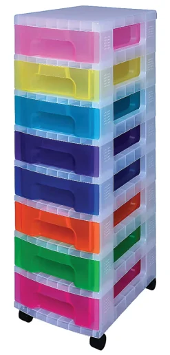Really Useful BoxĀ® Plastic 8-Drawer Storage Tower, 7 Liters, 36 1/2" x 15 3/4" x 12", Clear/Rainbow