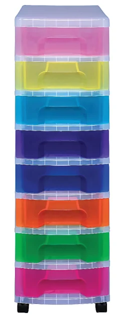 Really Useful Box® Plastic 8-Drawer Storage Tower, 7 Liters, 36 1/2" x 15 3/4" x 12", Clear/Rainbow