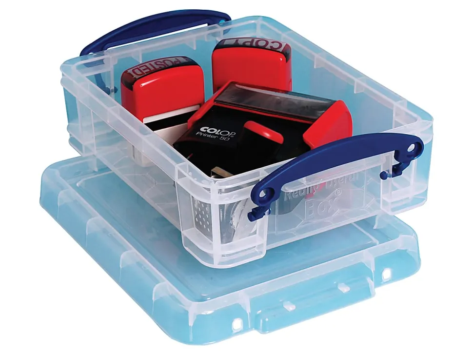 Really Useful Box® Plastic Storage Container With Built-In Handles And Snap Lid, 1.75 Liters, 9 1/2" x 7" x 3", Clear