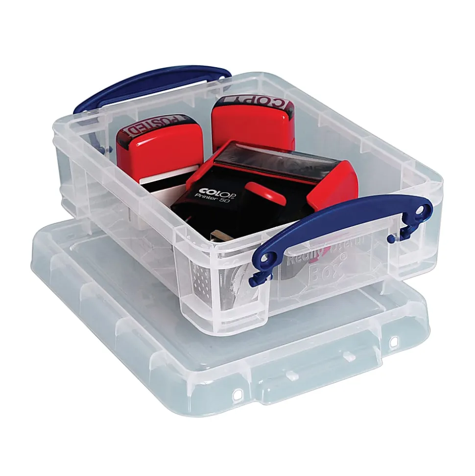 Really Useful Box® Plastic Storage Container With Built-In Handles And Snap Lid, 1.75 Liters, 9 1/2" x 7" x 3", Clear