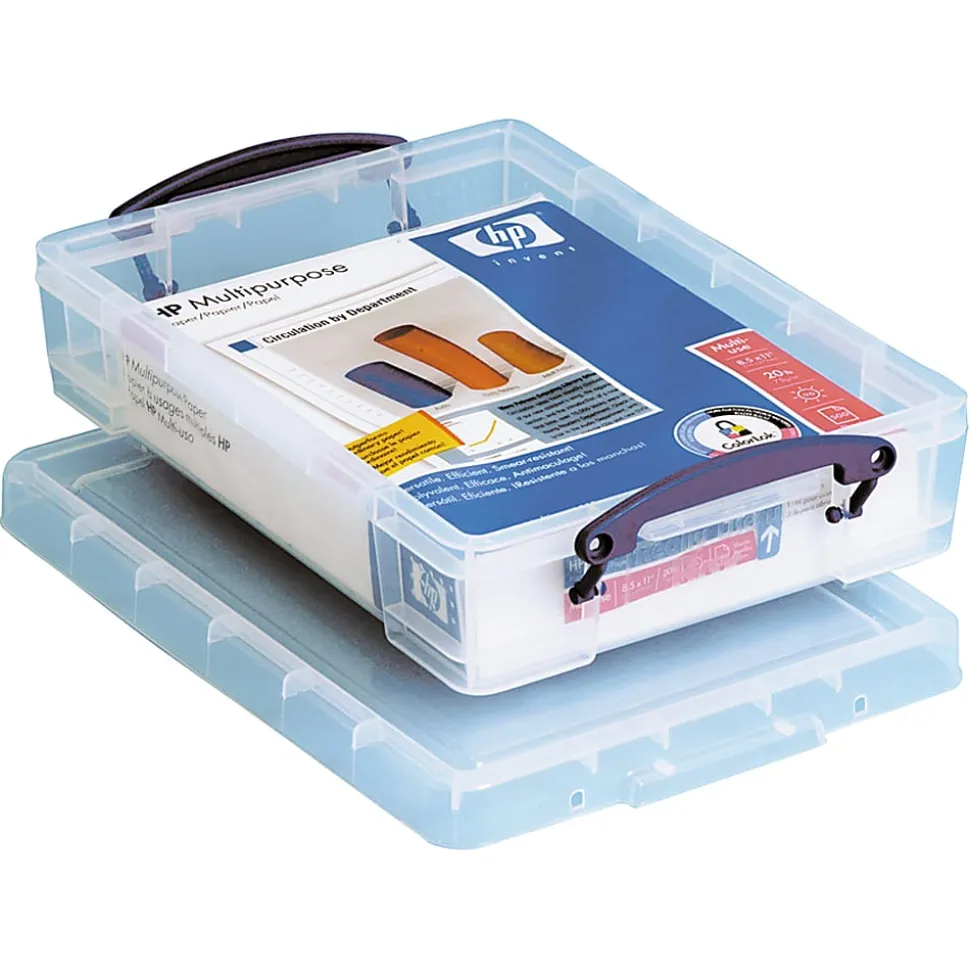 Really Useful Box® Plastic Storage Container With Built-In Handles And Snap Lid, 4 Liters, 14 5/8" x 10 1/4" x 3 3/8", Clear