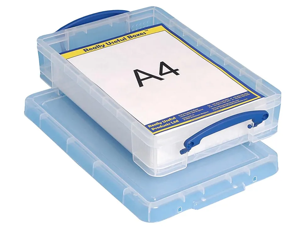 Really Useful Box® Plastic Storage Container With Built-In Handles And Snap Lid, 4 Liters, 14 5/8" x 10 1/4" x 3 3/8", Clear