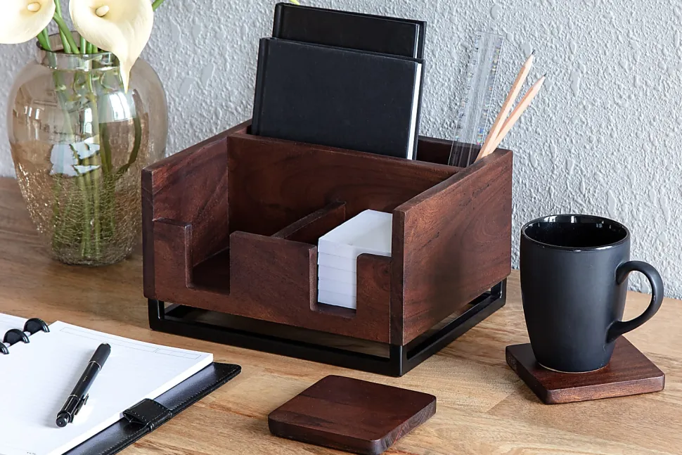 Realspace® Acadia Wood/Metal Desktop Organizer With Coasters, 8-3/4" x 7", Walnut/Black
