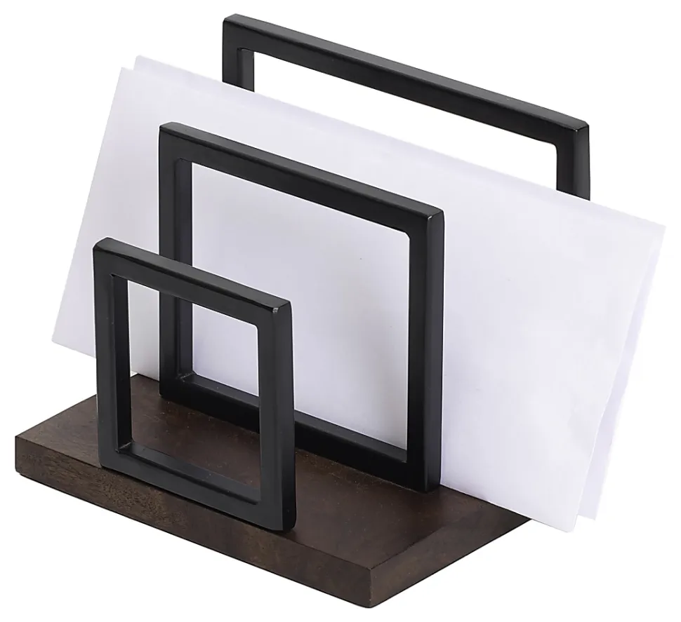 Realspace® Acadia Wood/Metal Letter Sorter, 6-1/4"H x 6-3/4"W x 5"D, Walnut/Black