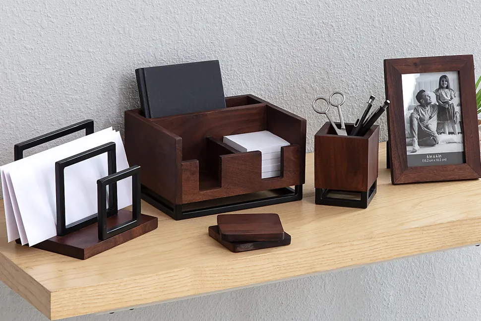 Realspace® Acadia Wood/Metal Letter Sorter, 6-1/4"H x 6-3/4"W x 5"D, Walnut/Black