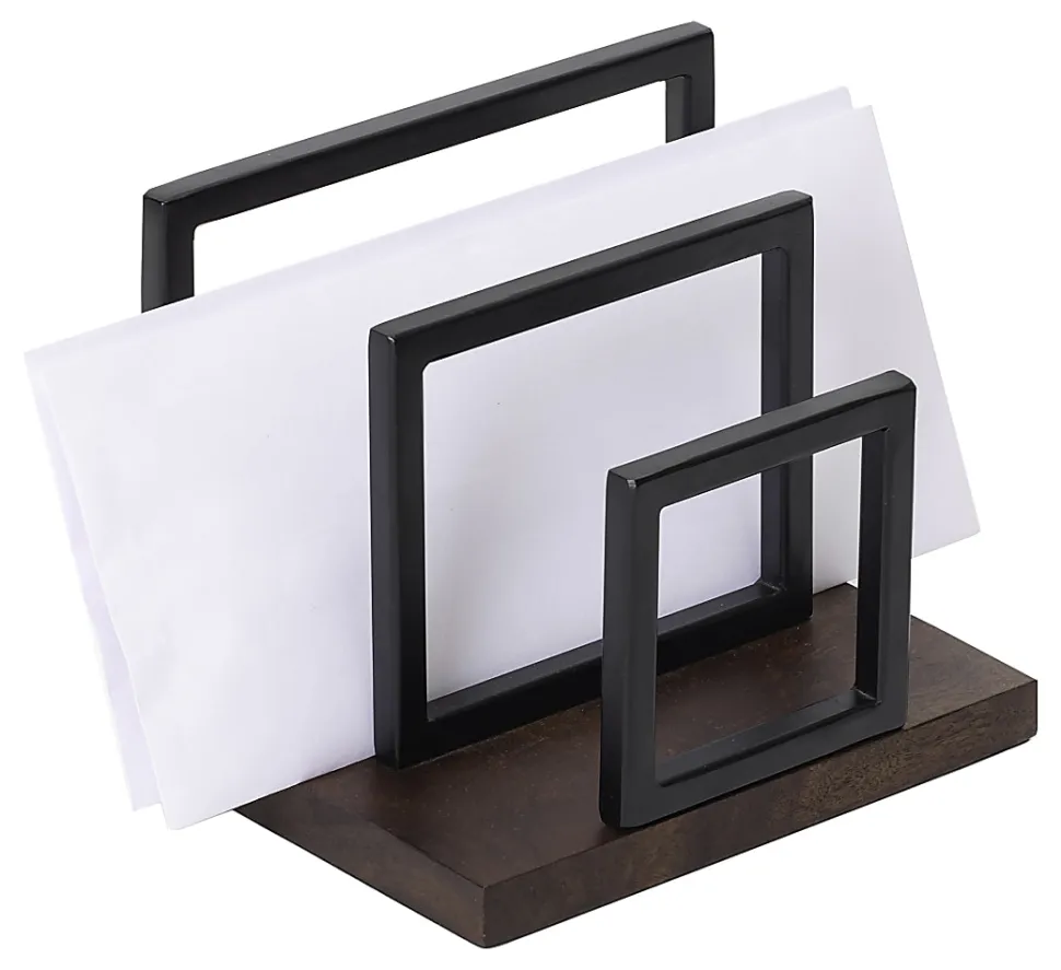 Realspace® Acadia Wood/Metal Letter Sorter, 6-1/4"H x 6-3/4"W x 5"D, Walnut/Black