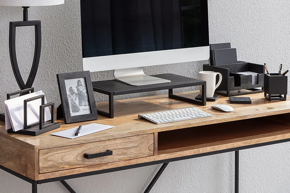 Realspace® Acadia Wood/Metal Monitor Stand, 4-1/2"H x 21-1/2"W x 10"D, Black