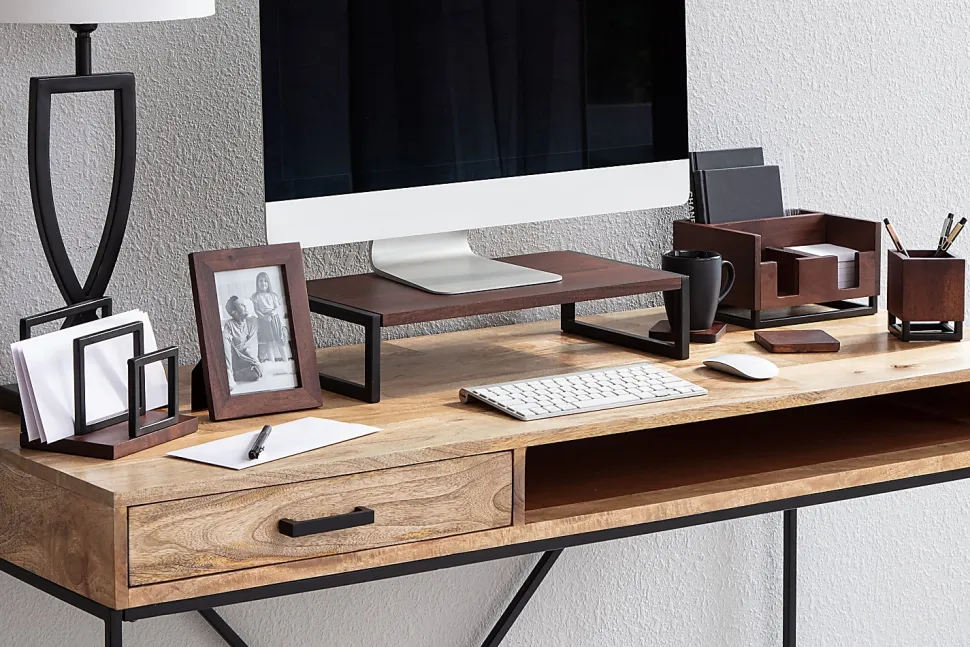 Realspace® Acadia Wood/Metal Monitor Stand, 4-1/2"H x 21-1/2"W x 10"D, Walnut/Black