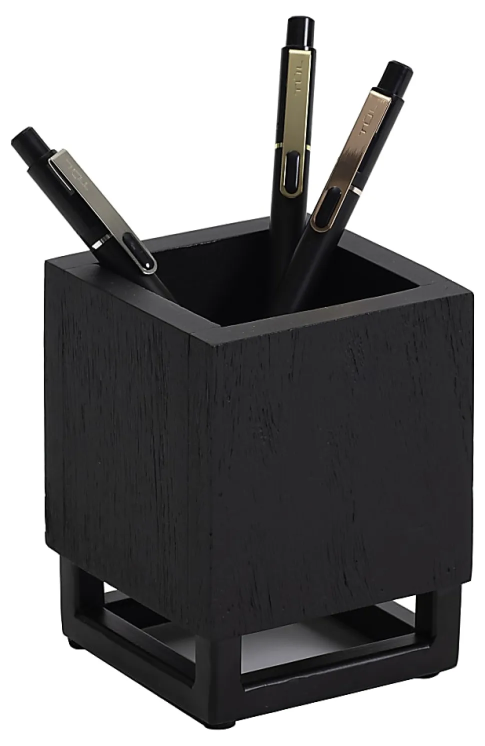 Realspace® Acadia Wood/Metal Pen Cup, 4-1/4"H x 3-1/4"W x 3-1/4"D, Black
