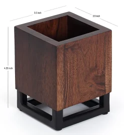 Realspace® Acadia Wood/Metal Pen Cup, 4-1/4"H x 3-1/4"W x 3-1/4"D, Walnut/Black