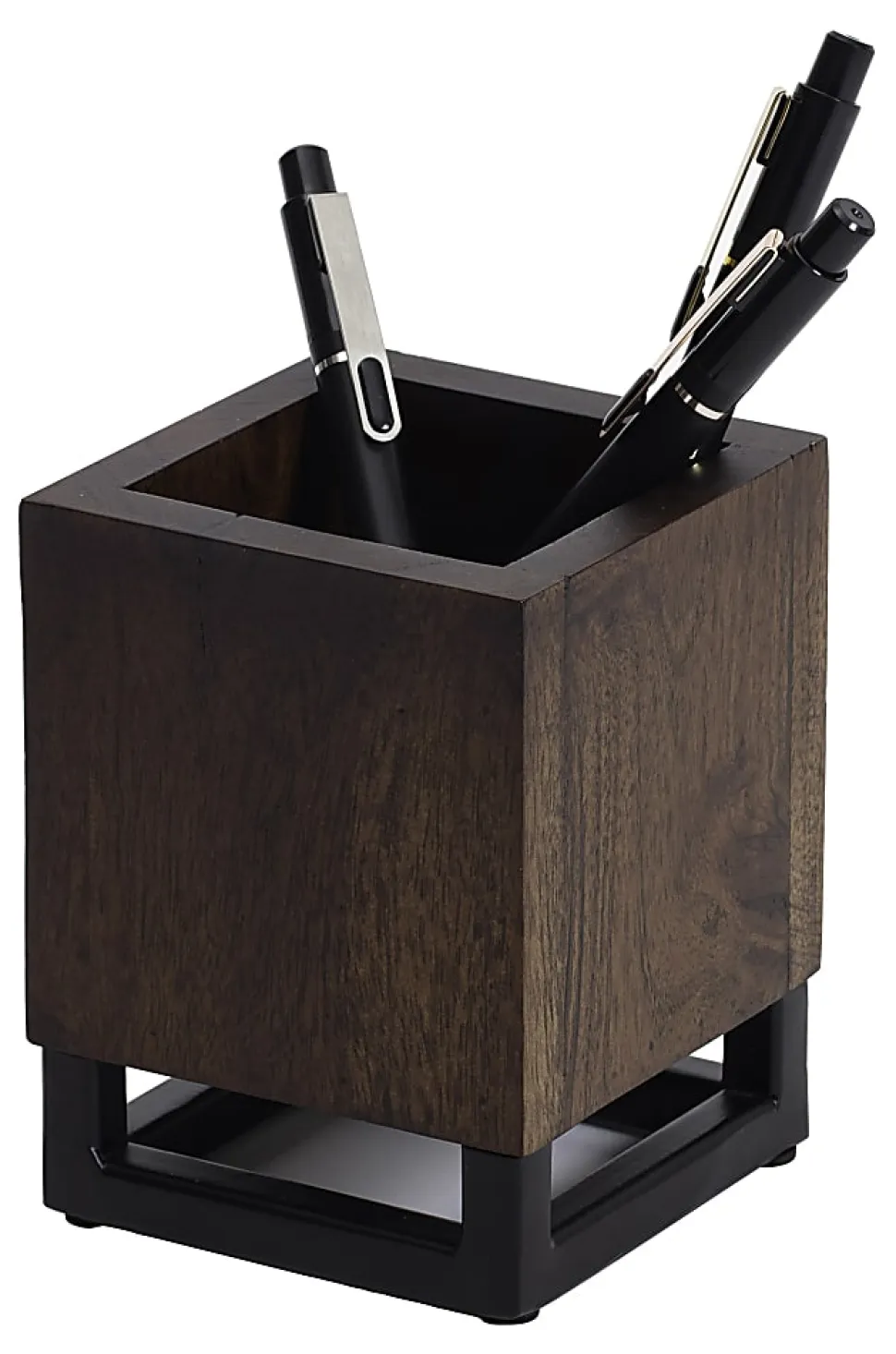 Realspace® Acadia Wood/Metal Pen Cup, 4-1/4"H x 3-1/4"W x 3-1/4"D, Walnut/Black