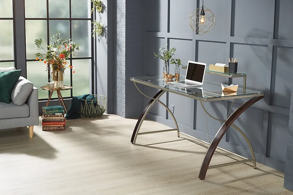 Realspace® Axley 55”W Glass Computer Desk, Cherry/Silver