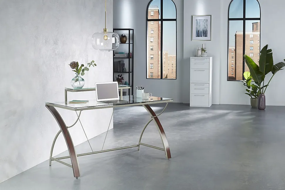 Realspace® Axley 55”W Glass Computer Desk, Cherry/Silver