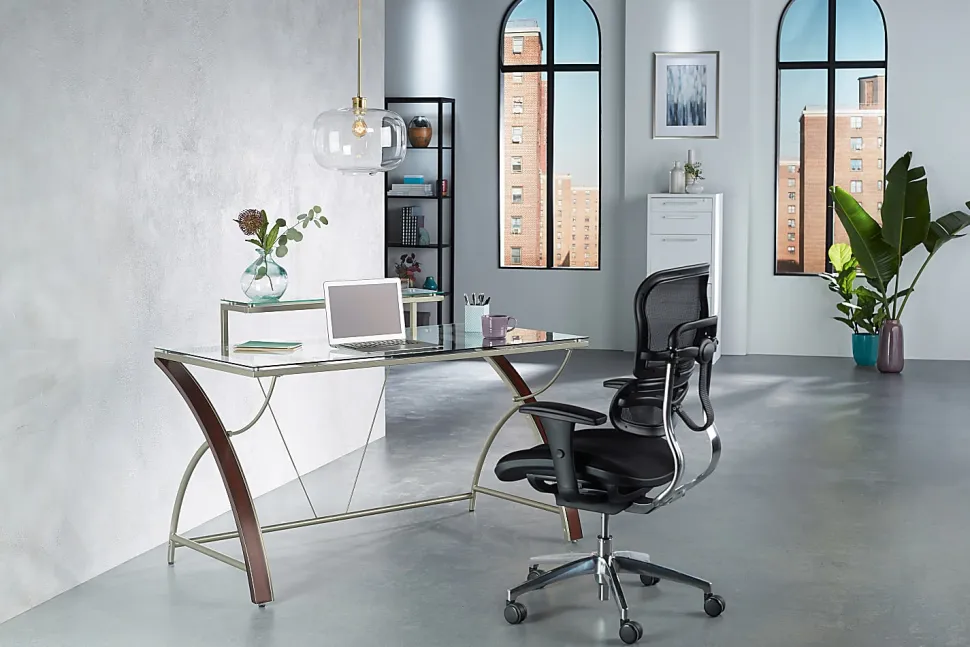Realspace® Axley 55”W Glass Computer Desk, Cherry/Silver