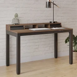 Realspace® Bellano 48"W 4-Leg Electric Height-Adjustable Standing Desk with Hutch, Walnut/Black, BIFMA Compliant