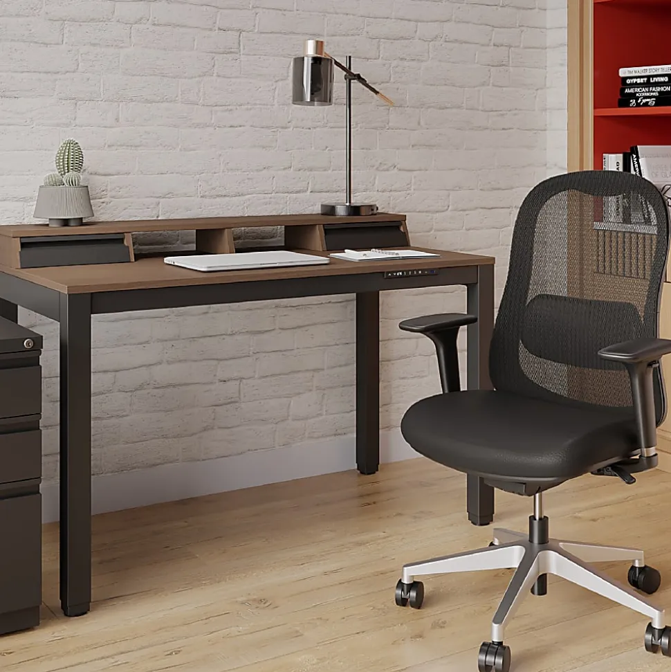 Realspace® Bellano 48"W 4-Leg Electric Height-Adjustable Standing Desk with Hutch, Walnut/Black, BIFMA Compliant
