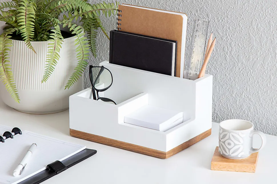 Realspace® 3-Compartment Wood Desktop Organizer, 4-1/2”H x 8-1/2”W x 6”D, White/Natural