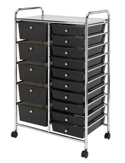 Realspace® 15-Drawer Mobile Cart, 38-3/16”H x 25-1/4”W x 15-3/8”D, Black/Chrome