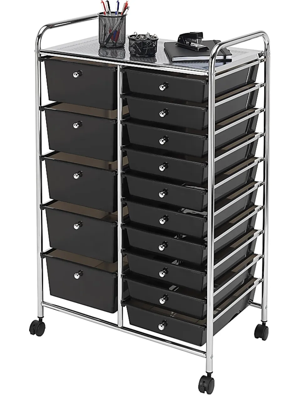 Realspace® 15-Drawer Mobile Cart, 38-3/16”H x 25-1/4”W x 15-3/8”D, Black/Chrome