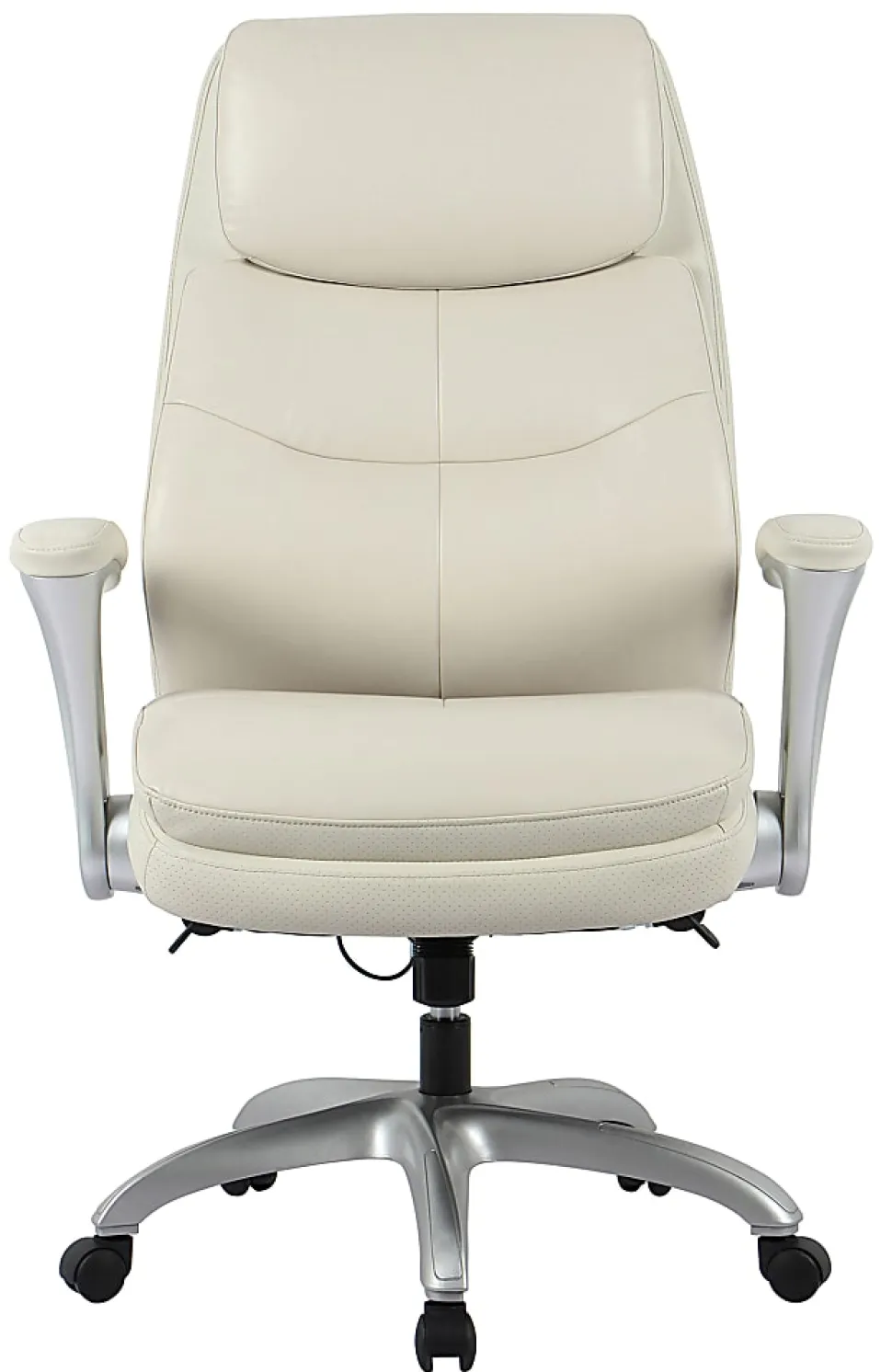 Realspace® Everton Ergonomic Vegan Leather High-Back Executive Chair with Flip-Up Armrests, Beige/Silver, BIFMA Compliant