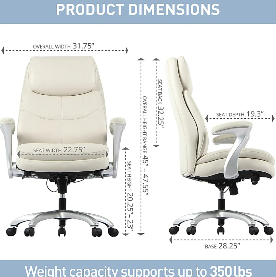 Realspace® Everton Ergonomic Vegan Leather High-Back Executive Chair with Flip-Up Armrests, Beige/Silver, BIFMA Compliant