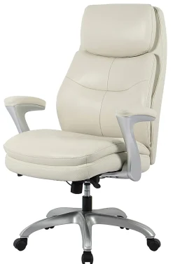 Realspace® Everton Ergonomic Vegan Leather High-Back Executive Chair with Flip-Up Armrests, Beige/Silver, BIFMA Compliant