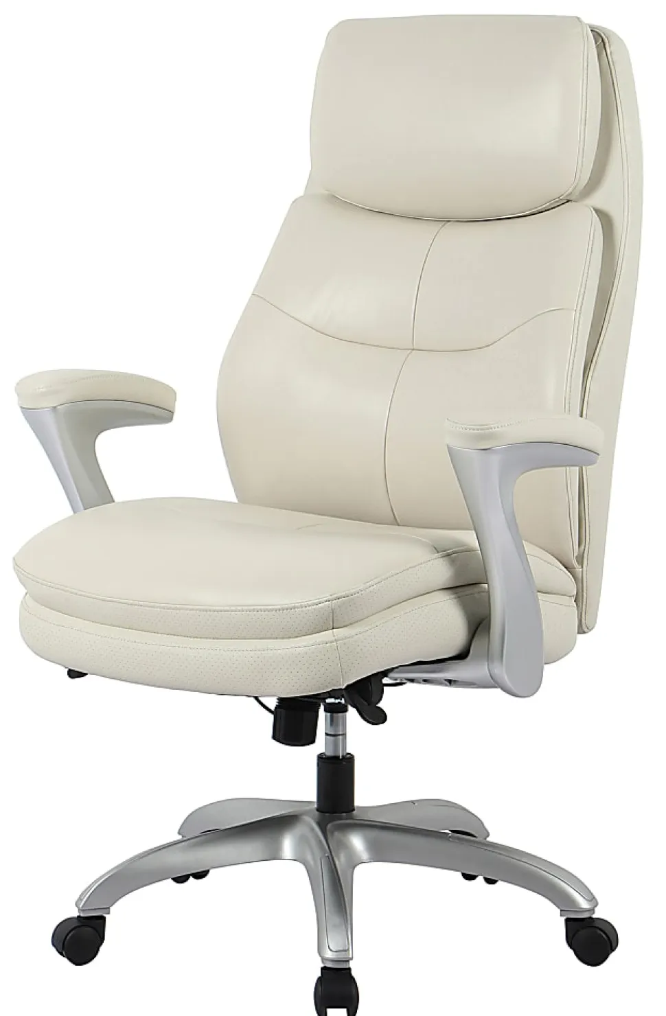 Realspace® Everton Ergonomic Vegan Leather High-Back Executive Chair with Flip-Up Armrests, Beige/Silver, BIFMA Compliant