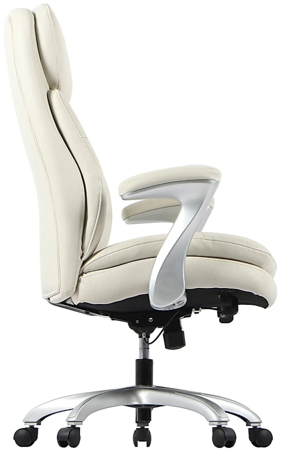 Realspace® Everton Ergonomic Vegan Leather High-Back Executive Chair with Flip-Up Armrests, Beige/Silver, BIFMA Compliant