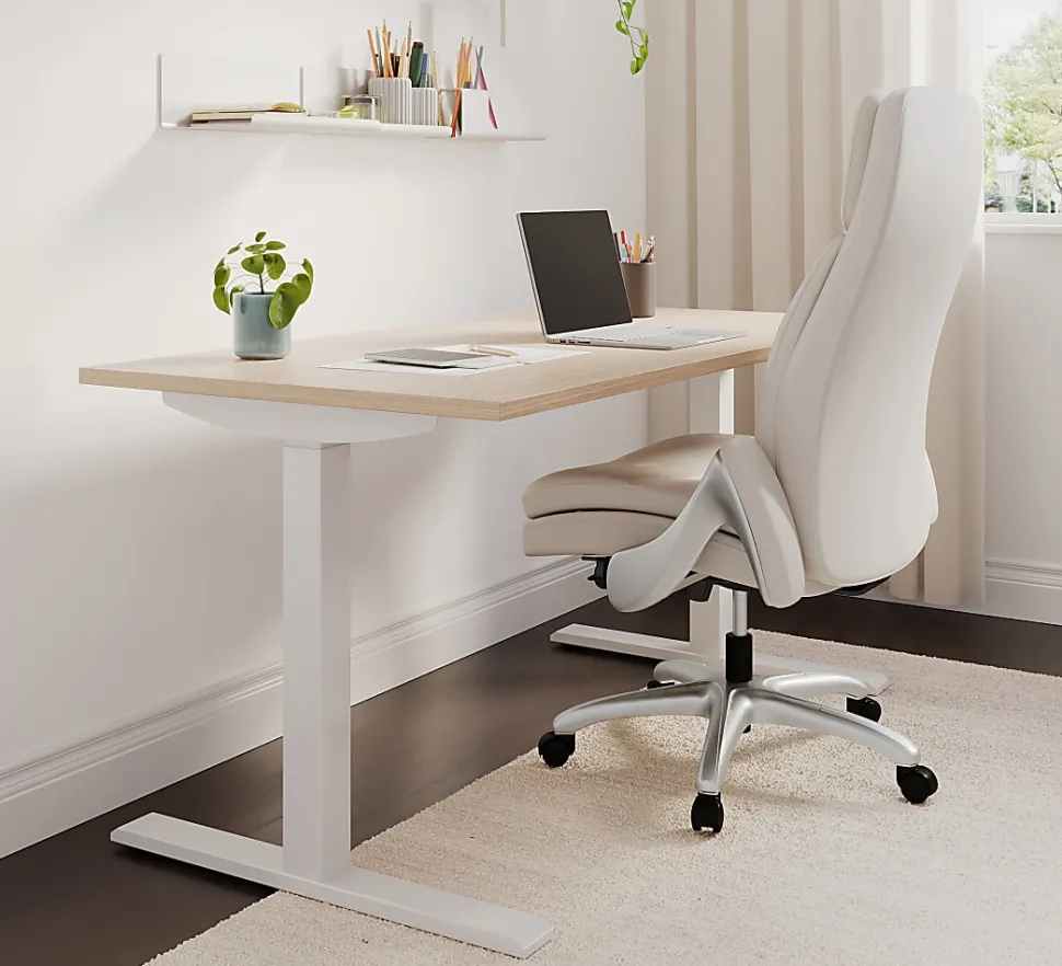 Realspace® Everton Ergonomic Vegan Leather High-Back Executive Chair with Flip-Up Armrests, Beige/Silver, BIFMA Compliant