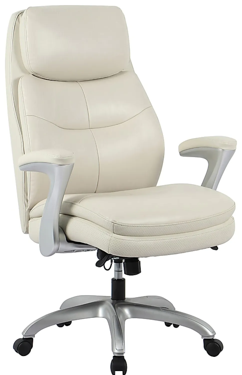 Realspace® Everton Ergonomic Vegan Leather High-Back Executive Chair with Flip-Up Armrests, Beige/Silver, BIFMA Compliant