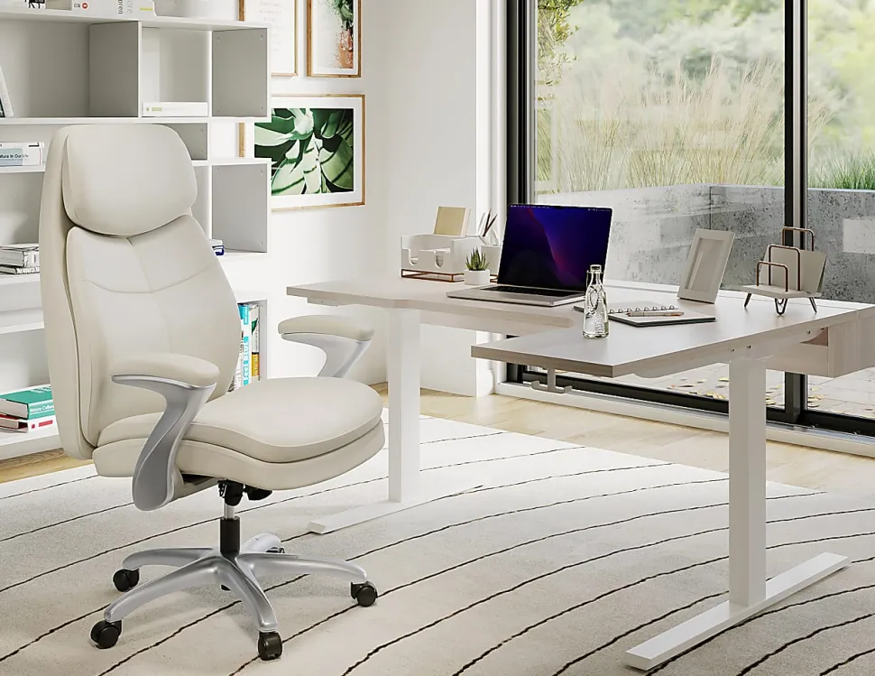 Realspace® Everton Ergonomic Vegan Leather High-Back Executive Chair with Flip-Up Armrests, Beige/Silver, BIFMA Compliant