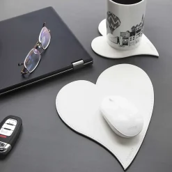 Realspace® Faux Leather Heart Mouse Pad And Coaster Set, White