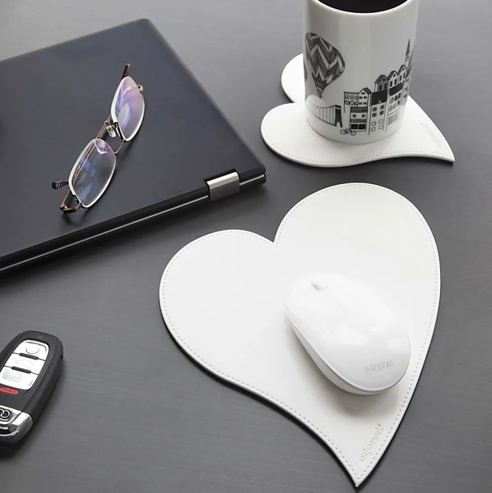 Realspace® Faux Leather Heart Mouse Pad And Coaster Set, White
