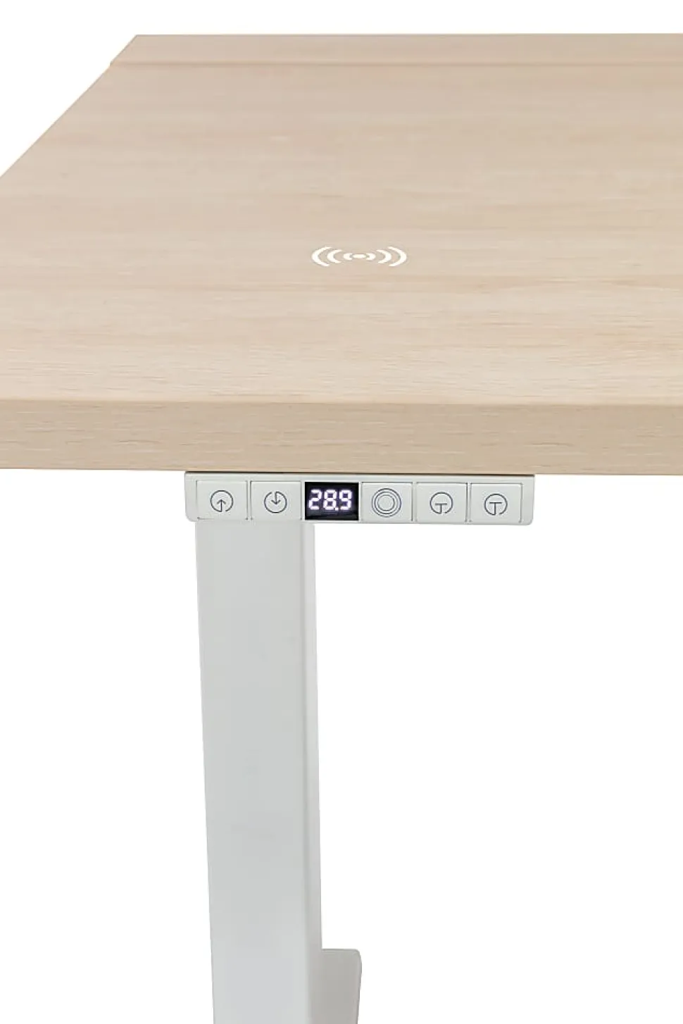 Realspace® Koru Electric 59"W L-Shaped Height-Adjustable Standing Desk with Integrated Power & Charging, Natural Oak
