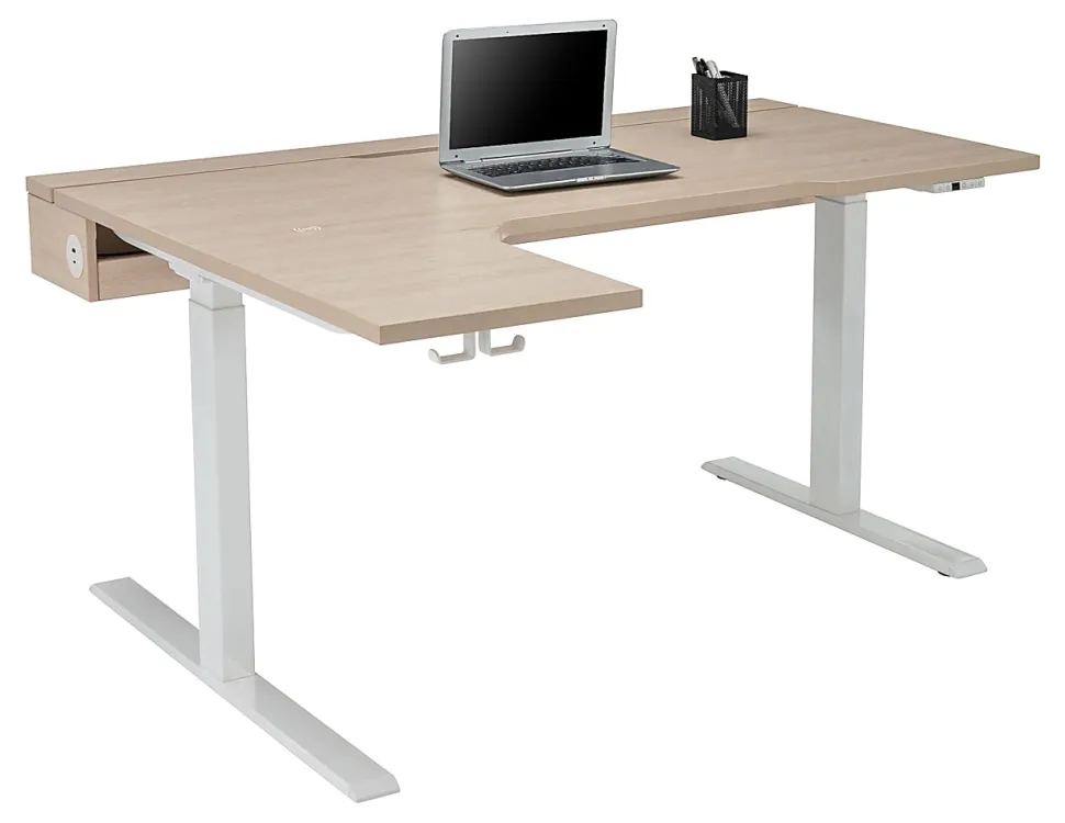 Realspace® Koru Electric 59"W L-Shaped Height-Adjustable Standing Desk with Integrated Power & Charging, Natural Oak