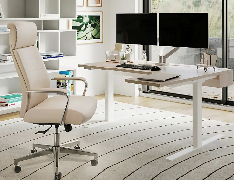 Realspace® Koru Electric 59"W L-Shaped Height-Adjustable Standing Desk with Integrated Power & Charging, Natural Oak