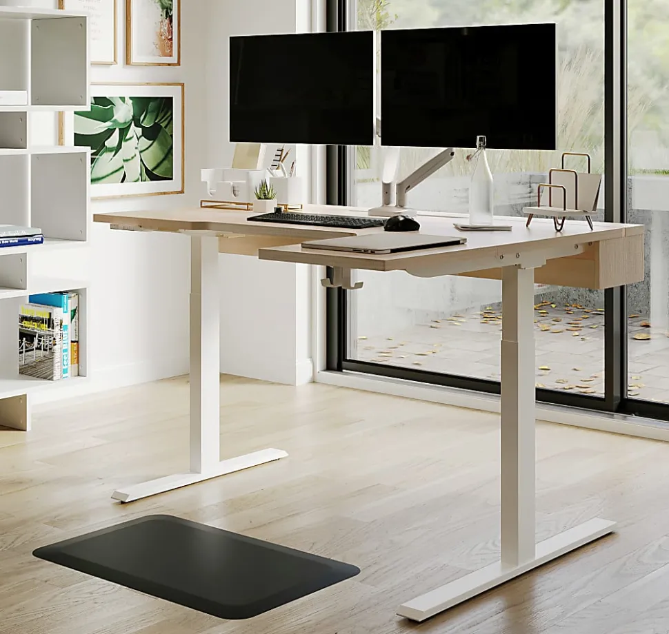 Realspace® Koru Electric 59"W L-Shaped Height-Adjustable Standing Desk with Integrated Power & Charging, Natural Oak