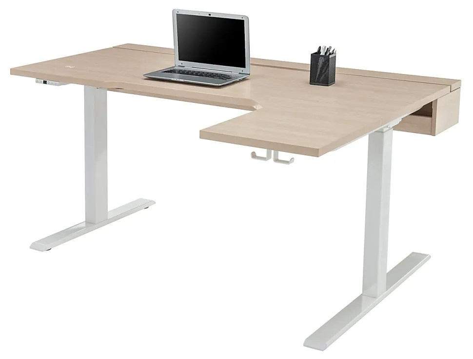 Realspace® Koru Electric 59"W L-Shaped Height-Adjustable Standing Desk with Integrated Power & Charging, Natural Oak