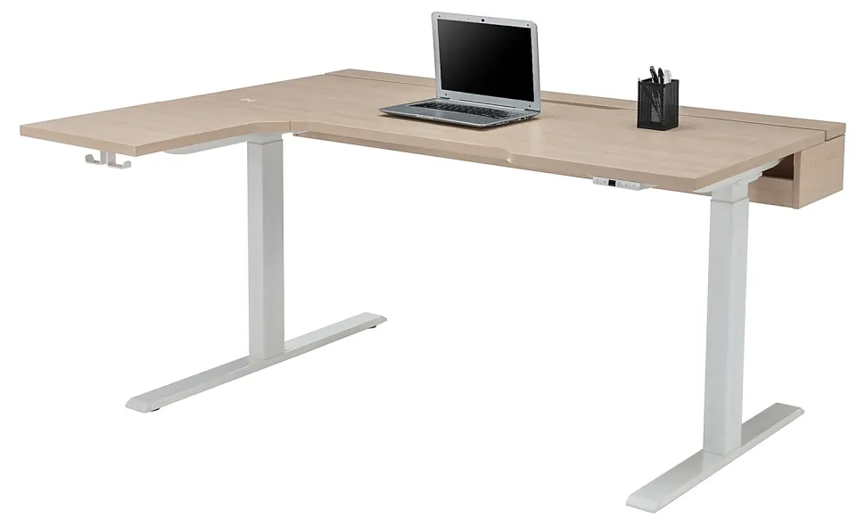 Realspace® Koru Electric 59"W L-Shaped Height-Adjustable Standing Desk with Integrated Power & Charging, Natural Oak