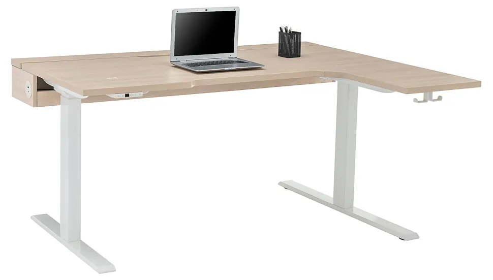 Realspace® Koru Electric 59"W L-Shaped Height-Adjustable Standing Desk with Integrated Power & Charging, Natural Oak
