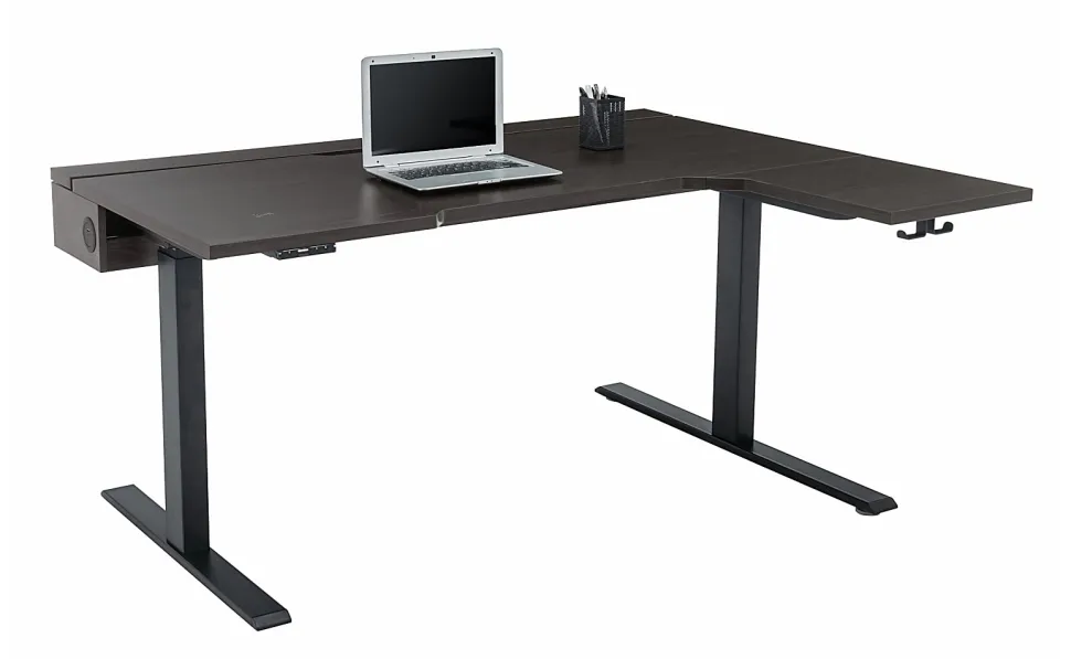 Realspace® Koru Electric 59"W L-Shaped Height-Adjustable Standing Desk with Integrated Power & Charging, Espresso Oak
