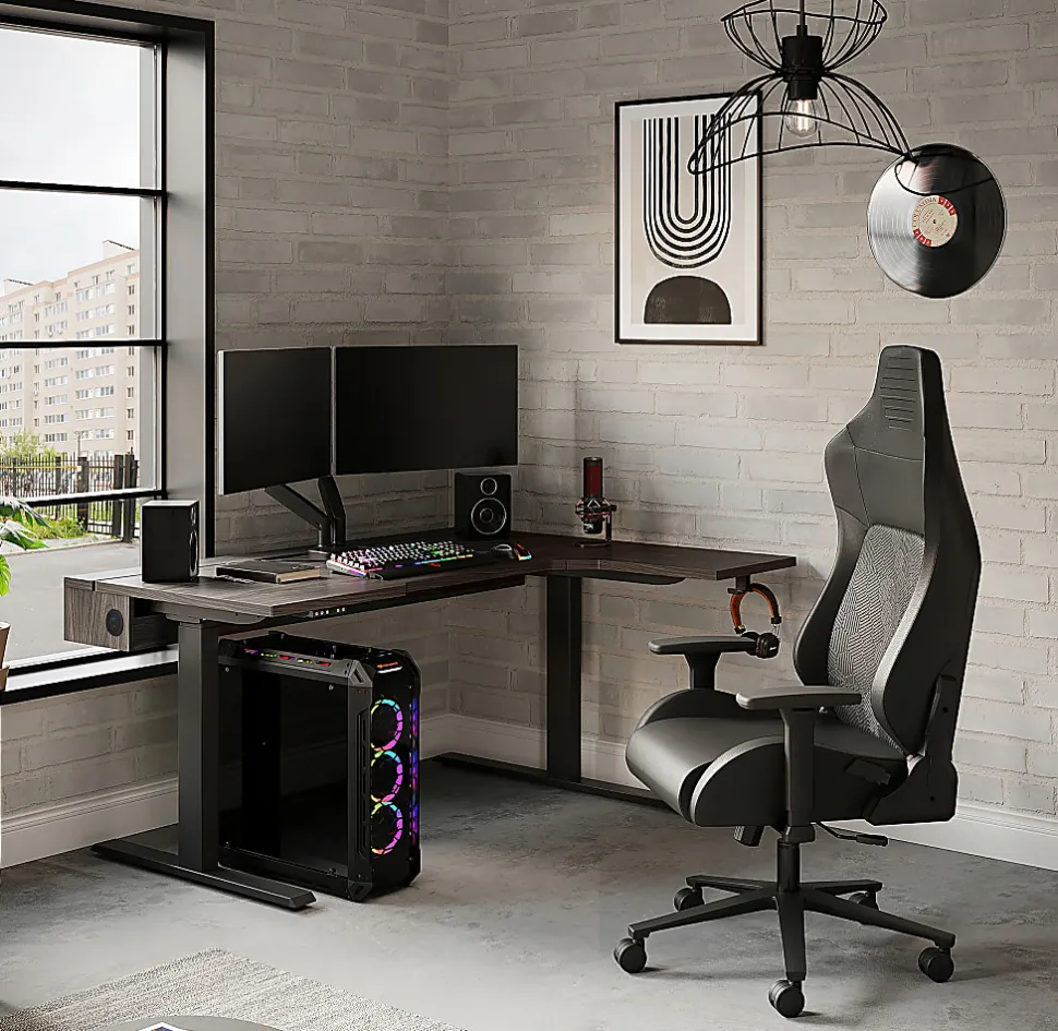 Realspace® Koru Electric 59"W L-Shaped Height-Adjustable Standing Desk with Integrated Power & Charging, Espresso Oak