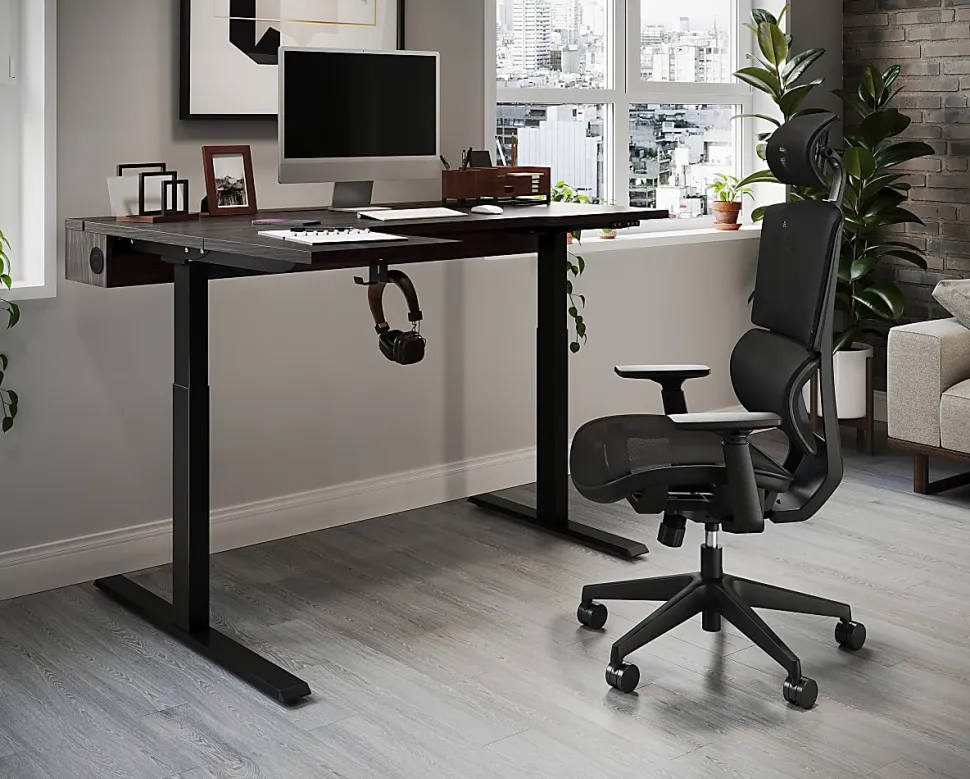 Realspace® Koru Electric 59"W L-Shaped Height-Adjustable Standing Desk with Integrated Power & Charging, Espresso Oak