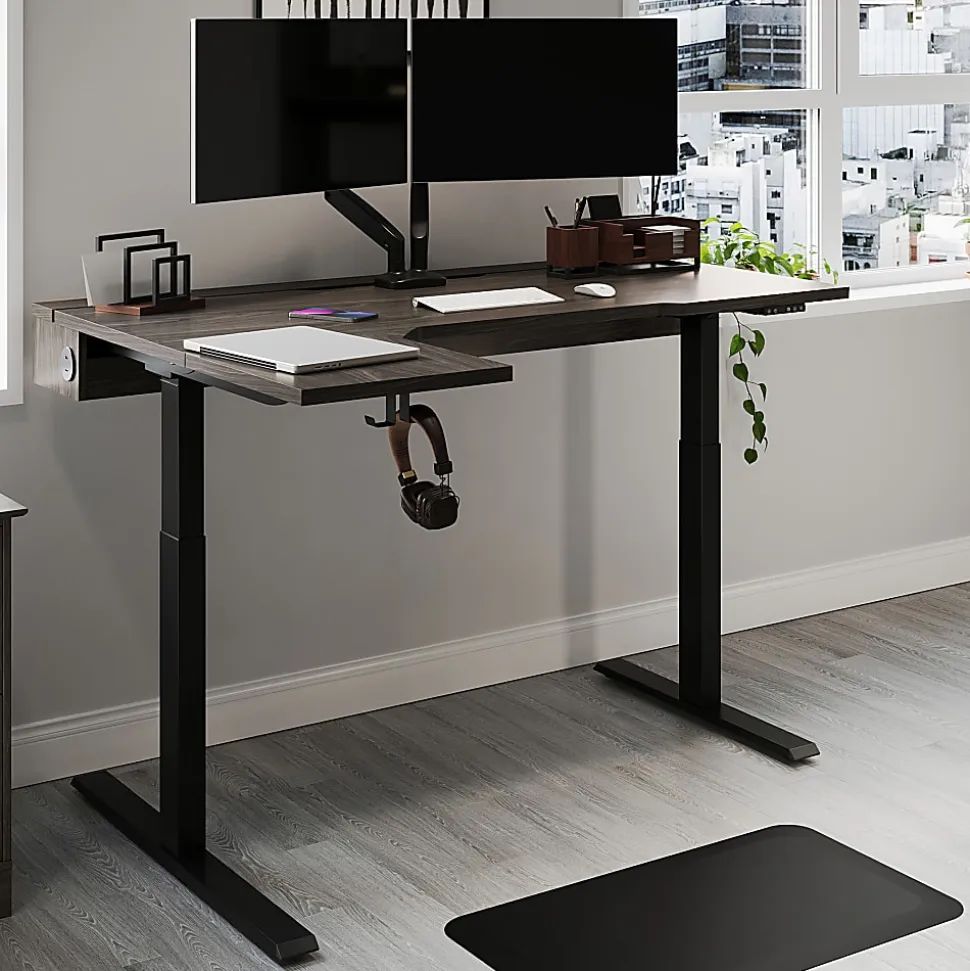 Realspace® Koru Electric 59"W L-Shaped Height-Adjustable Standing Desk with Integrated Power & Charging, Espresso Oak